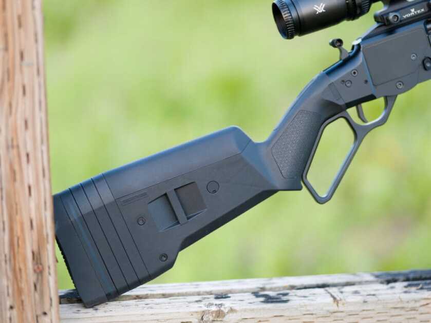 POF Tombstone 9mm closeup of the  SGA  buttstock from Magpul. Extension shims are installed.