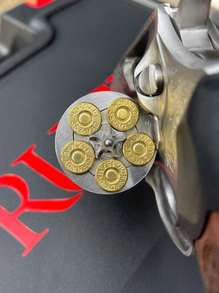 The TALO SP101 with a fully loaded chamber of .357 Magnum ammunition