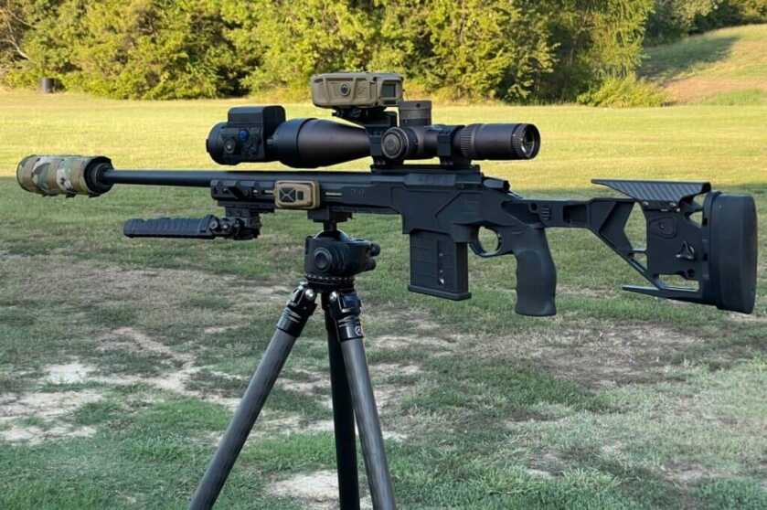 My night shooting setup featuring the Vortex Impact 4000 ballistics calculator and the Pulsar Krypton 2 FXG50 thermal clip-on sitting on the Kit V2 tripod from Two Vets Tripods