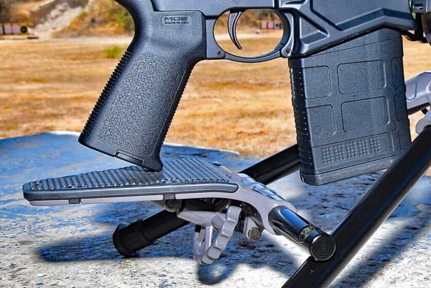 Ruger SFAR pistol grip resting on 
pistol grip attachment of Caldwell Precision Turret Rifle Rest