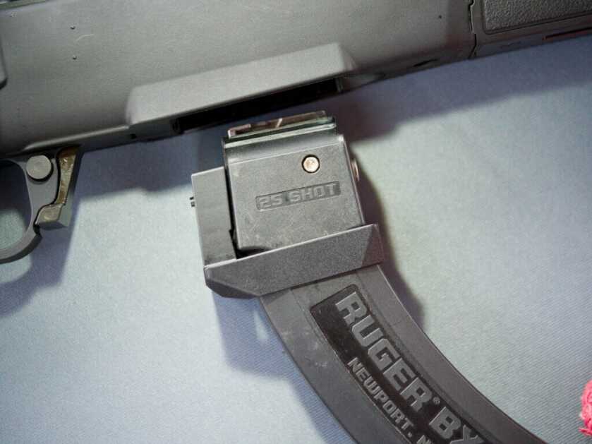 Close up view of the BX-25 magazine with the hammerli adapter. It is position near the magazine well on the gun.