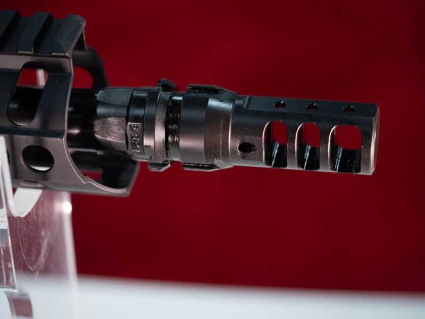 Close up of the end of the barrel with the brake welded in place. The gun is facing right.