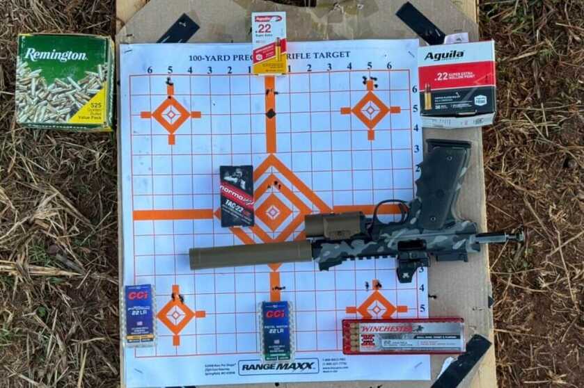 3 - Volquartsen Camo Black Mamba 22LR: Full Pistol Review Each box of ammunition placed next its respective 5-round group shot from 10 yards