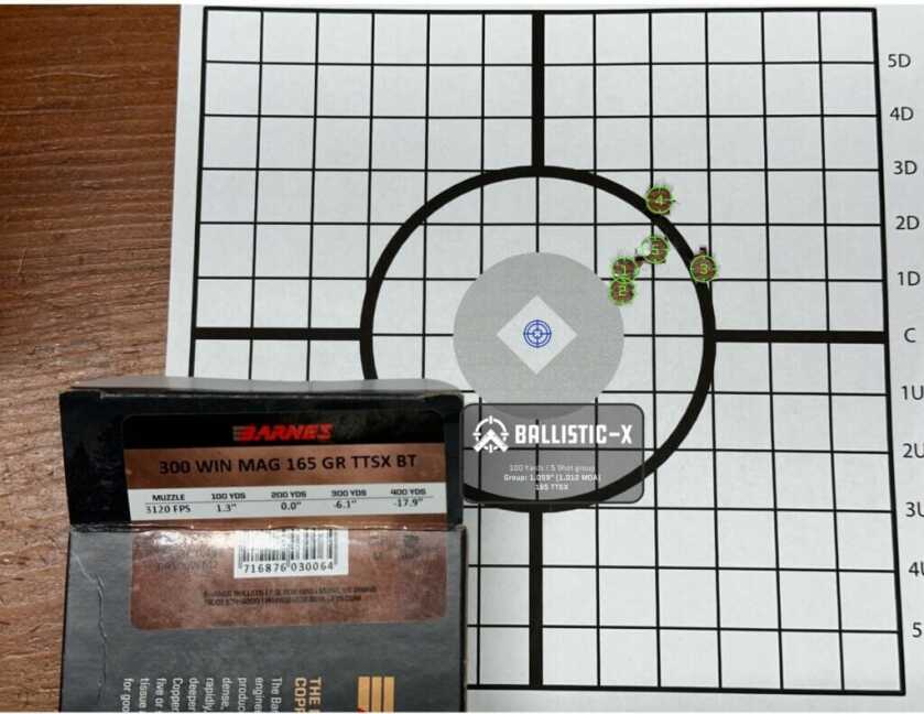 A 5-round group from a rifle is shown here.