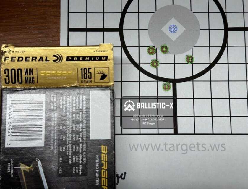 A 5-round group shows this rifle's accuracy.