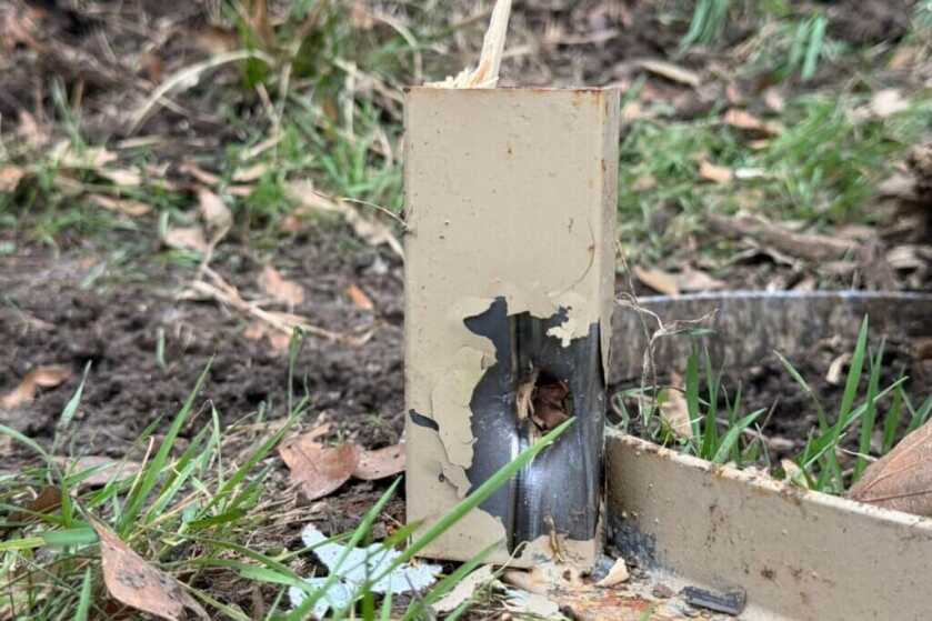 Target stand with dent sitting in grass