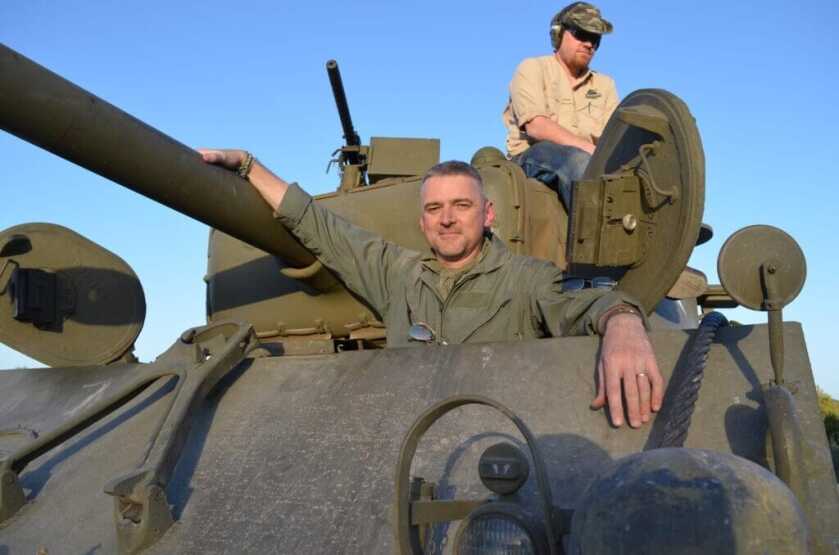 WW2 Sherman tank at DriveTanks.com on the move, author driving a vintage M4 medium tank