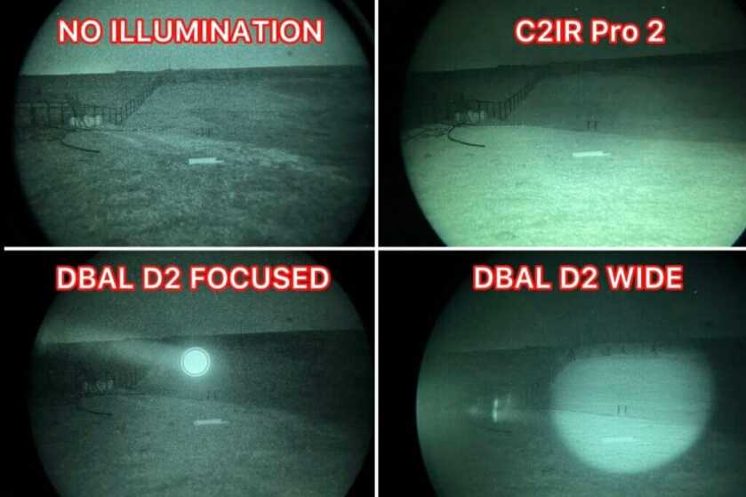 armytek parma c2ir pro vs DBAL d2 light four images labeled "no illumination," "C2IR Pro 2," "DBAL D2 Focused," "DBAL D2 Wide"