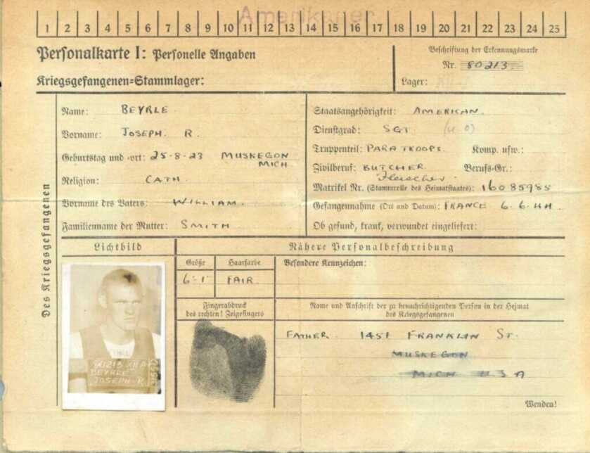 Joseph "Jumpin' Joe" Beyrle POW registration document