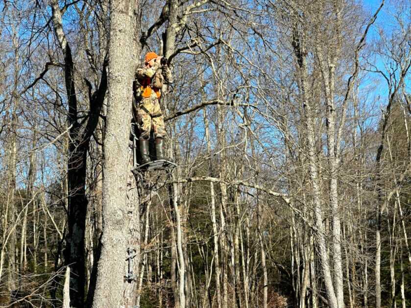 The author, hunting whitetail deer from a treestand.