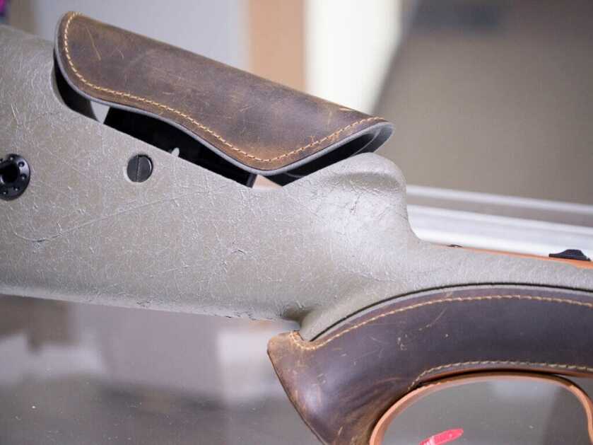 Close up of the butt stock with adjustable comb and Bison hide accents.