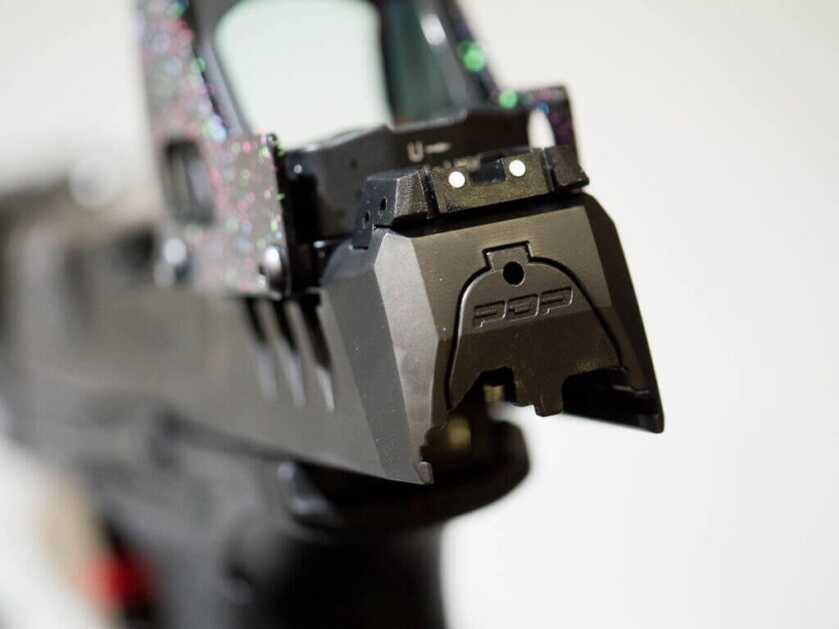 Close up of the back of the slide showing the sights.