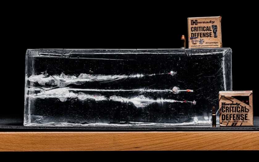 Ammo streaks through clear ballistic gel 