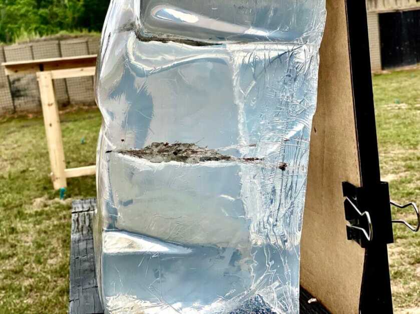 Side view of ballistic gel pierced with 5.7 ammunition