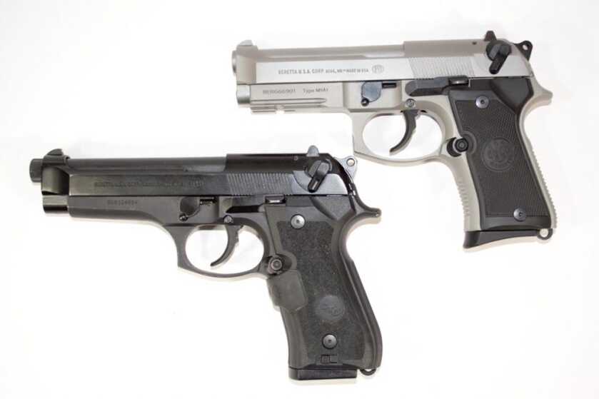 The Beretta 92 Compact INOX (top) shown next to a 92 FS full size.