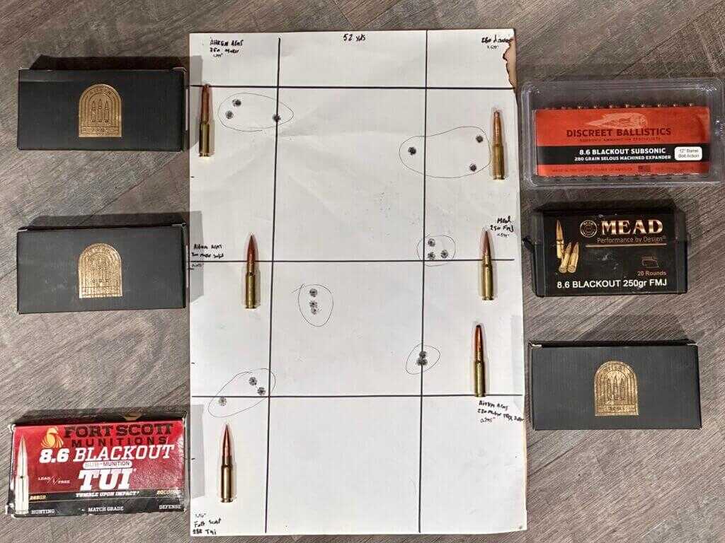 UP-10 8.6 Blackout 50 yard target results including Aitken Arms 220 grain Maker TREX Super.