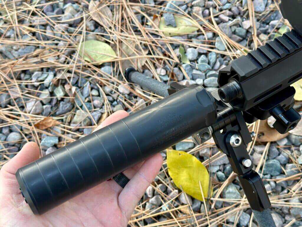 UP-10 12.5 inch barrel and 12 inch handguard showing tight suppressor fit at muzzle.