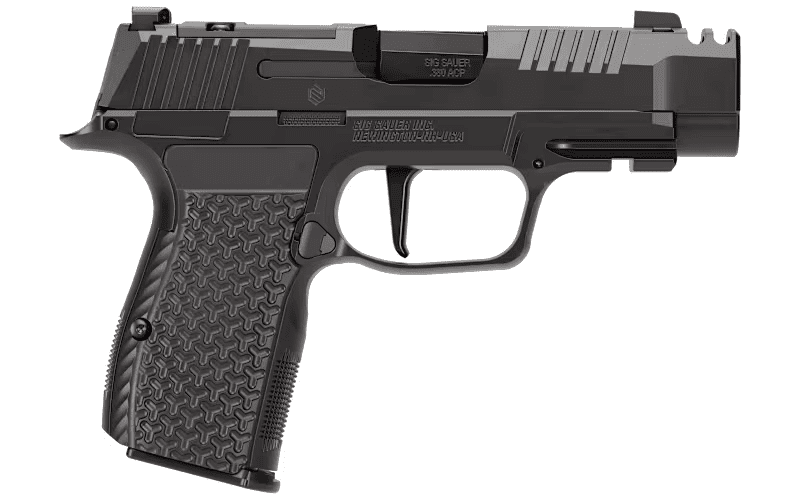 Sig Sauer P365 AXG Luxe shown in profile with compensated slide and high traction grip module
