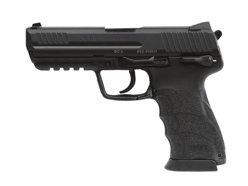 Heckler & Koch HK45 side view—black .45 caliber semi-auto pistol for duty or defense