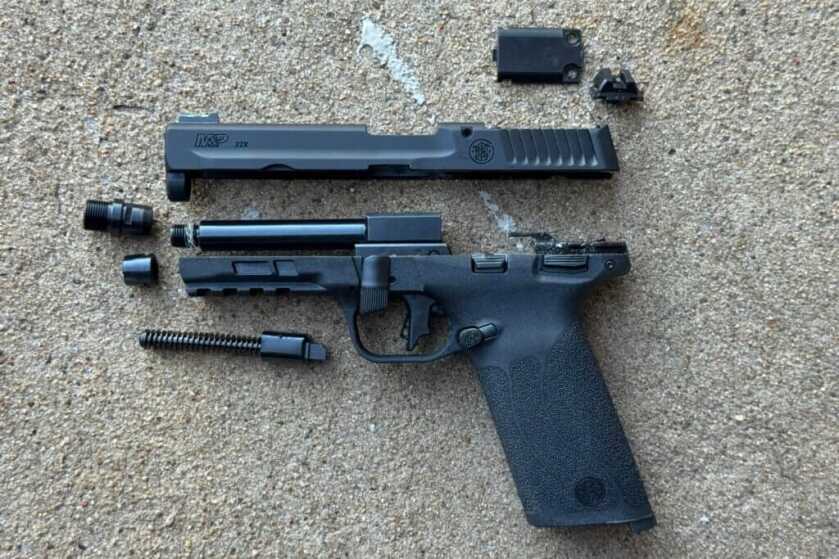 M&P22X slide, frame, barrel, recoil assembly broken down to major components