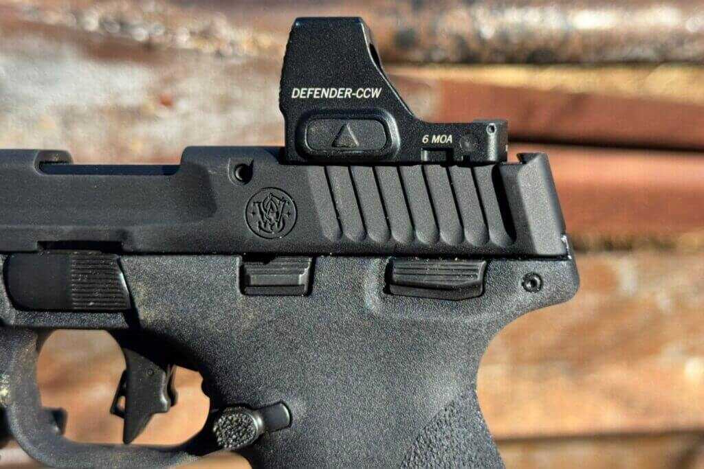 Close view of M&P22X optic cut and mounting area on slide