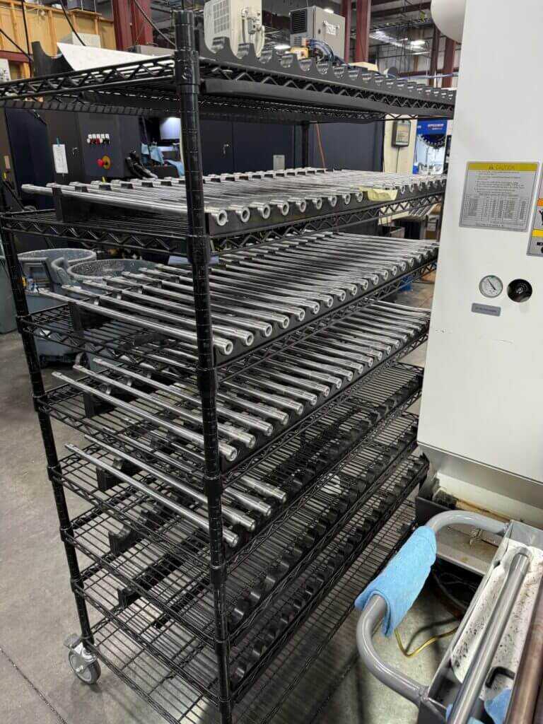 Racks of Seekins Precision barrels staged for the next manufacturing step