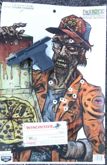 At 10 yards, 30 feet, you can keep all rounds within a chest pattern. The headshot was a carefully aimed round fired alone. The gun is right on. 