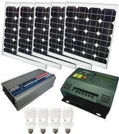 This is the basic kit that I bought for this article initially. It consists of 4 small moncrystalline panels, a charge controller, and ooops, an inverter made for European current. 
