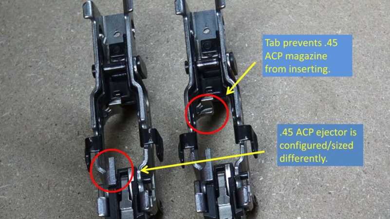 The other reason is the ejector size and geometry, which is unique for the .45. A preventative tab is present on the smaller calibers to prevent use with .45 Auto.