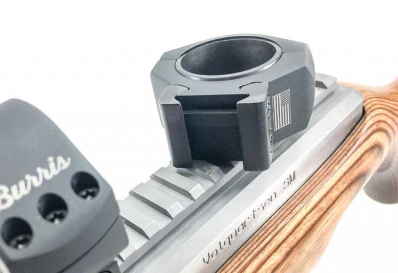 Note the crossbar that locks into the Picatinny rail on this Volquartsen rifle to prevent movement.
