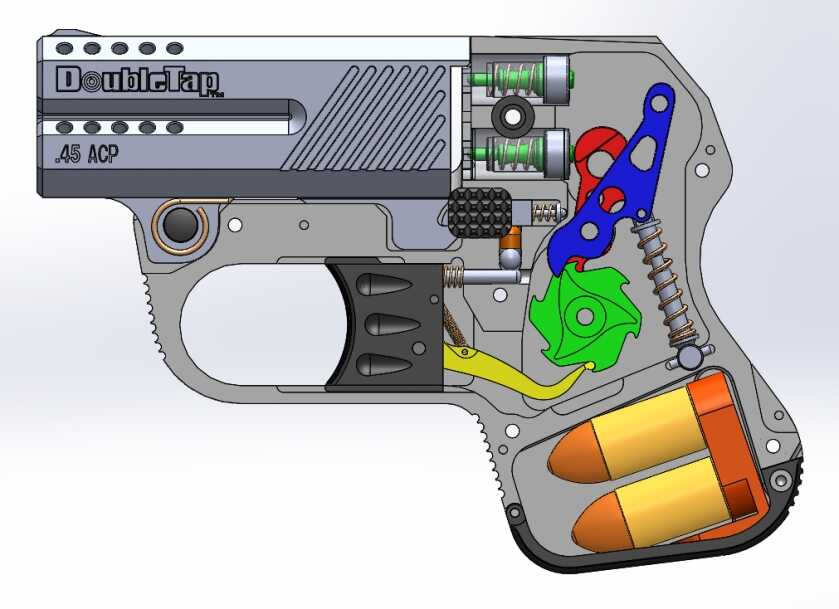 DoubleTap Defense over-under derringer with its barrels removed for takedown