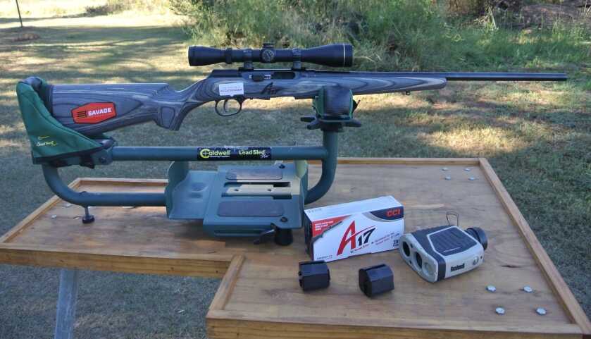 Savage A17 semi auto 17 HMR rifle on a shooting rest with ammunition