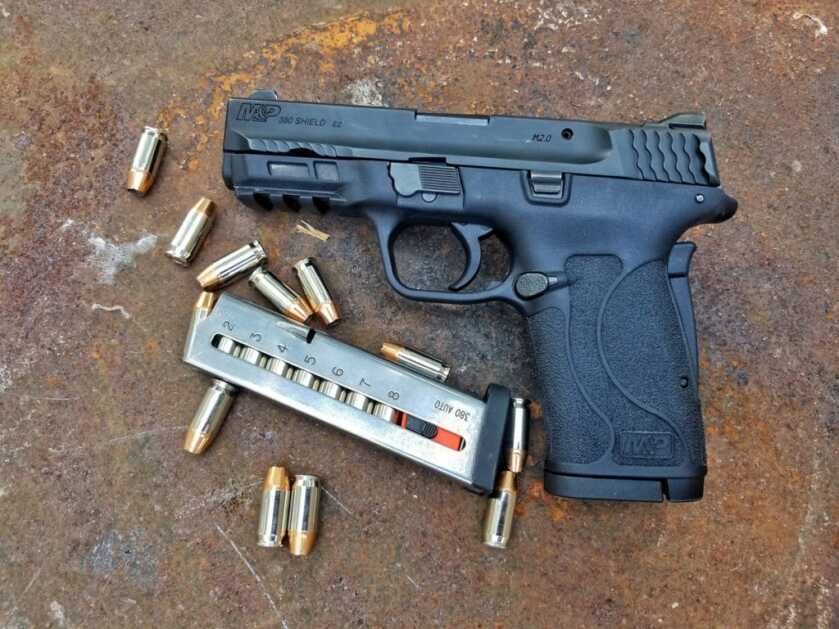 Smith and Wesson M&P Shield EZ 380 pistol with magazine and ammunition