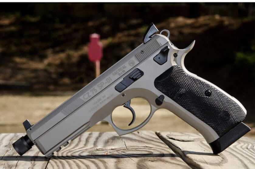CZ 75 SP-01 Tactical 9mm pistol with threaded barrel at the range