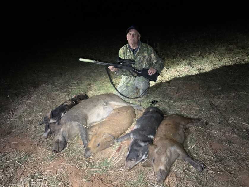 Hunter kneeling behind three Texas hogs taken at night with a scoped Marlin 1895 SBL