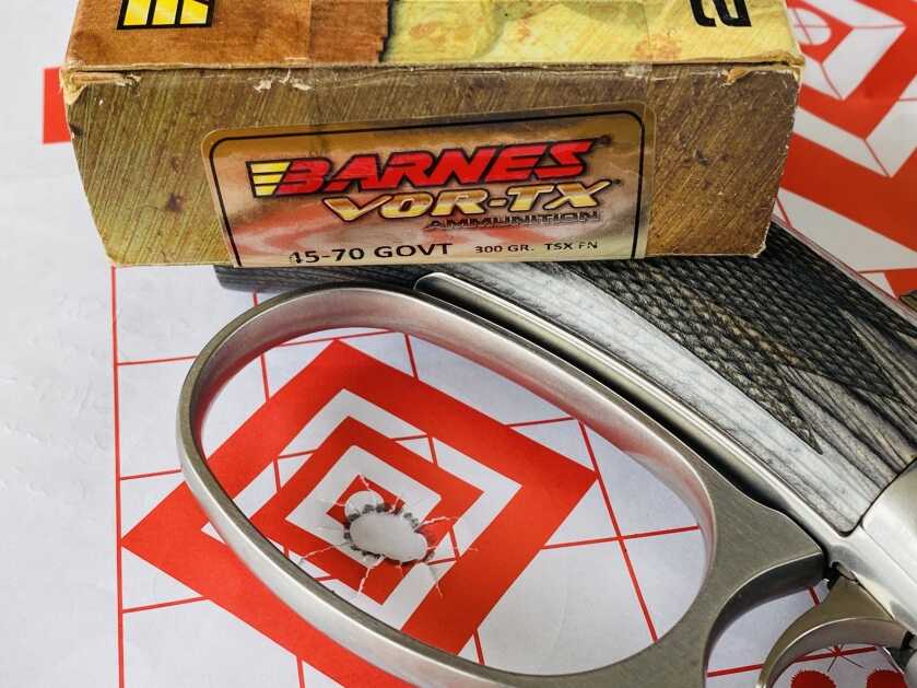 Box of Barnes VOR-TX .45-70 ammunition beside a stainless Marlin 1895 SBL lever