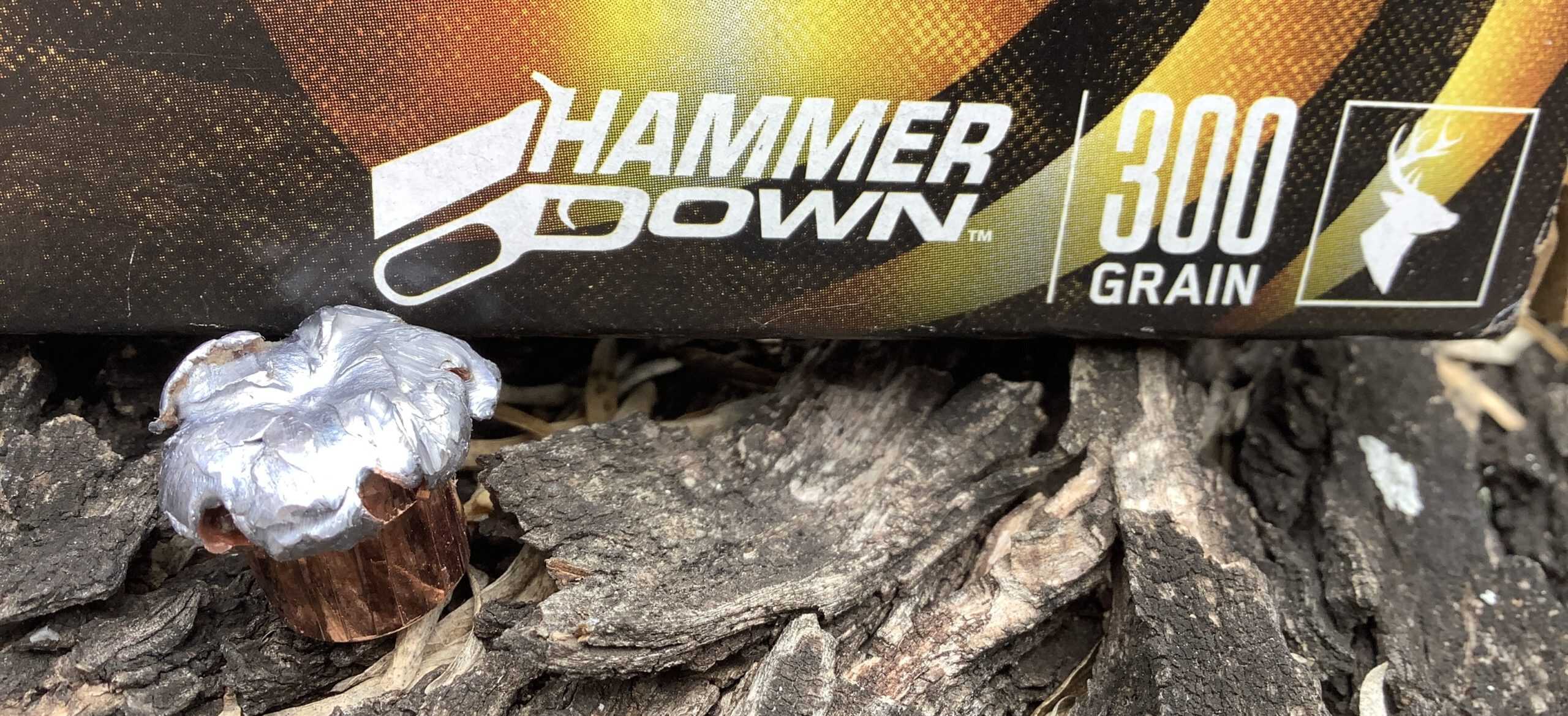 Box of Federal HammerDown 300 grain .45-70 ammunition with an expanded recovered bullet