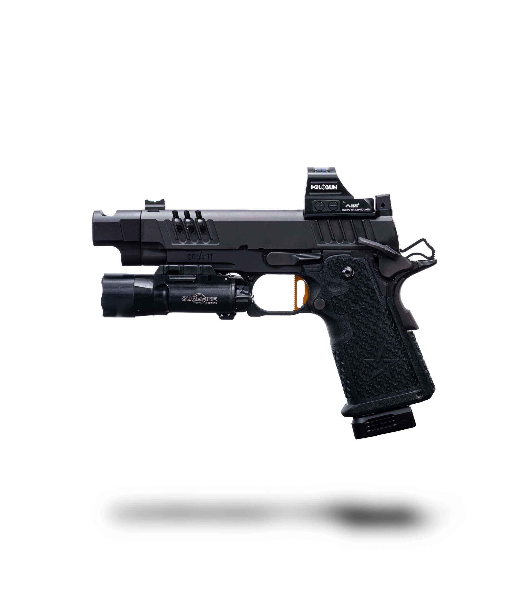 Staccato 2011 pistol with red dot optic, compensator and weapon light on a white background