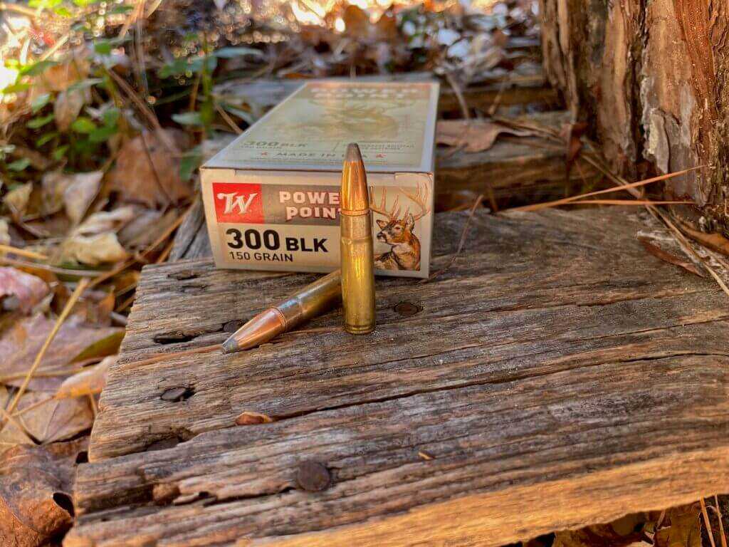 Winchester Power Point 300 Blackout 150 grain ammunition box and cartridges