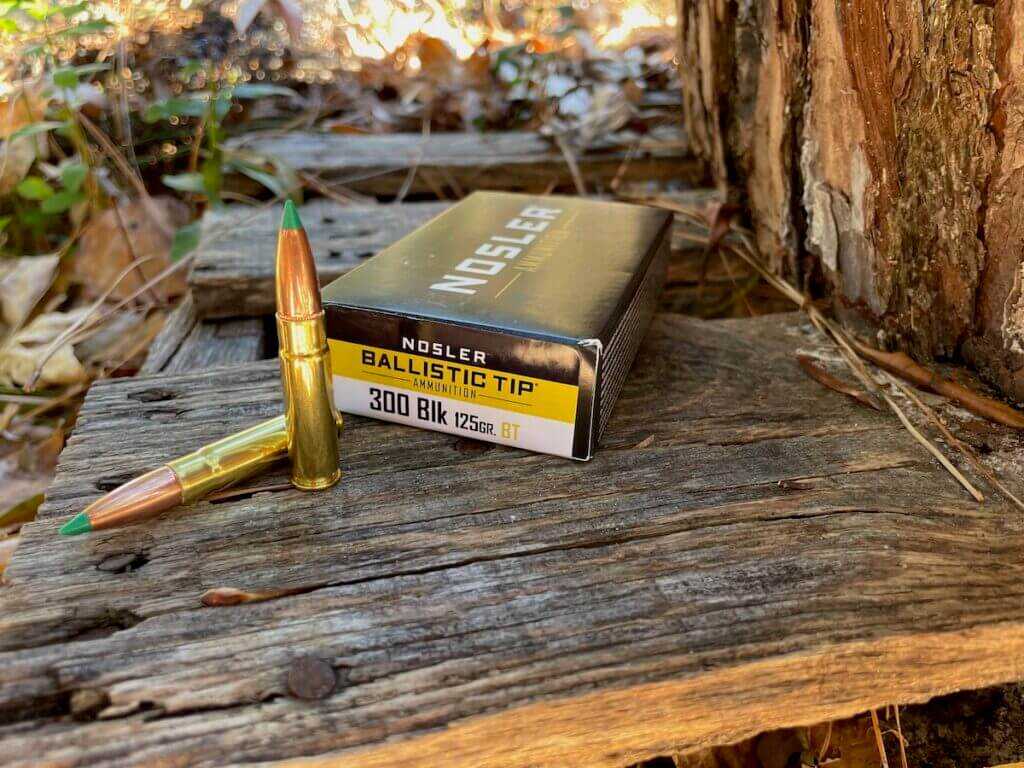 Nosler Ballistic Tip 300 Blackout 125 grain ammunition box and cartridges