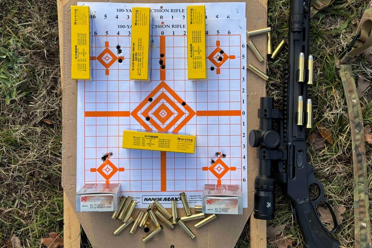 Groups shot at 50 yards with Hornady and Buffalo Bore .45-70 ammunition from a Marlin Dark Series 1895