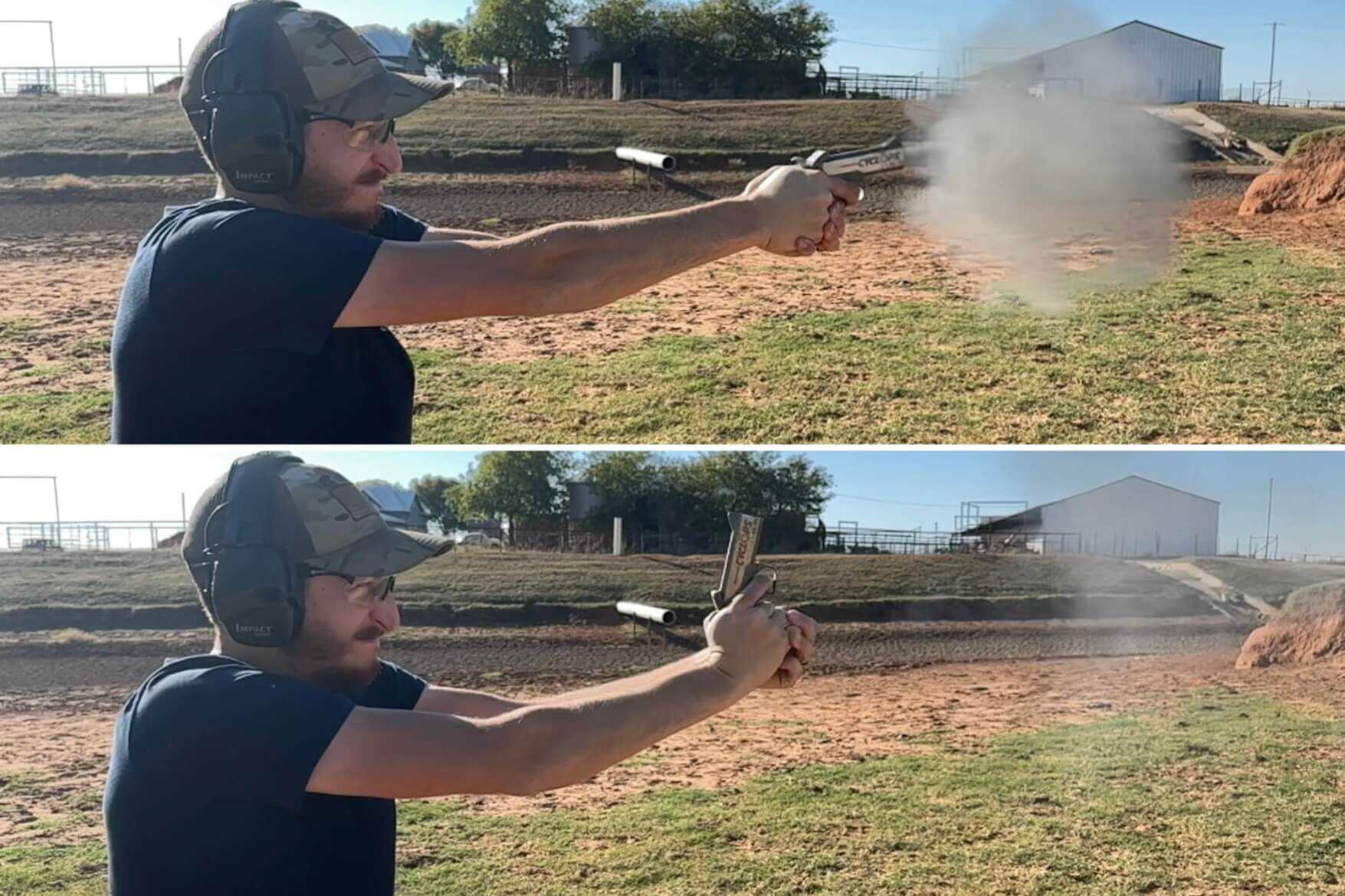 Shooter firing the Bond Arms Cyclops .45-70 derringer with Buffalo Bore hard cast ammunition