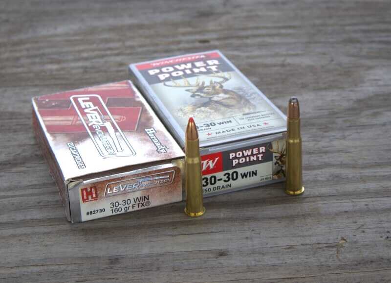 Hornady LEVERevolution 160 grain FTX .30-30 cartridge beside a Winchester soft point