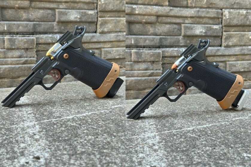 Two images of a 2011 lower with different magazines, comparing fitment.