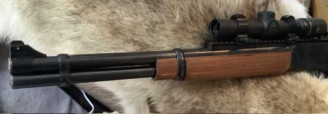 Close up of Marlin 336 Texan with Redfield Sourdough front sight and XS rail scout setup