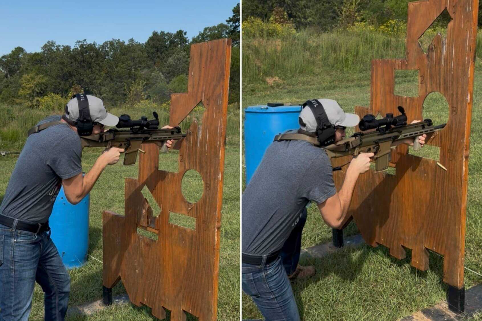 Shooter firing an FN SCAR 17S through a VTAC barricade at an FN media event