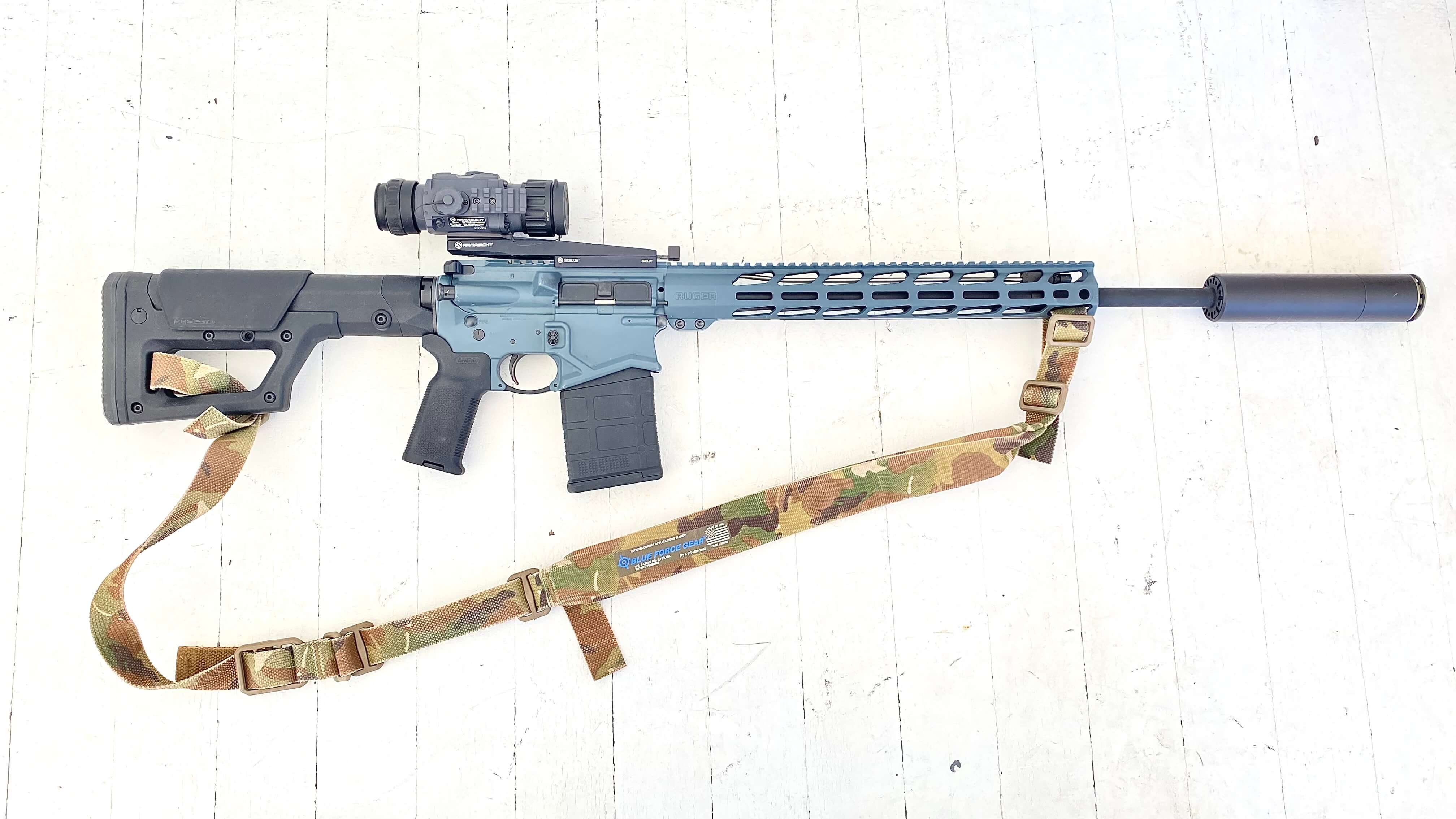 Ruger SFAR 6.5 Creedmoor lightweight AR-10 with blue Cerakote used for hog hunting