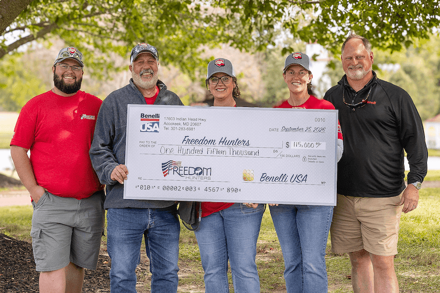 Benelli USA representatives present Freedom Hunters with a $115,000 check from the 2026 Benelli Invitational.
