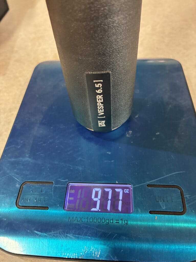 Tenet Vesper 6.5 titanium suppressor weighing 9.77 oz without its thread protector