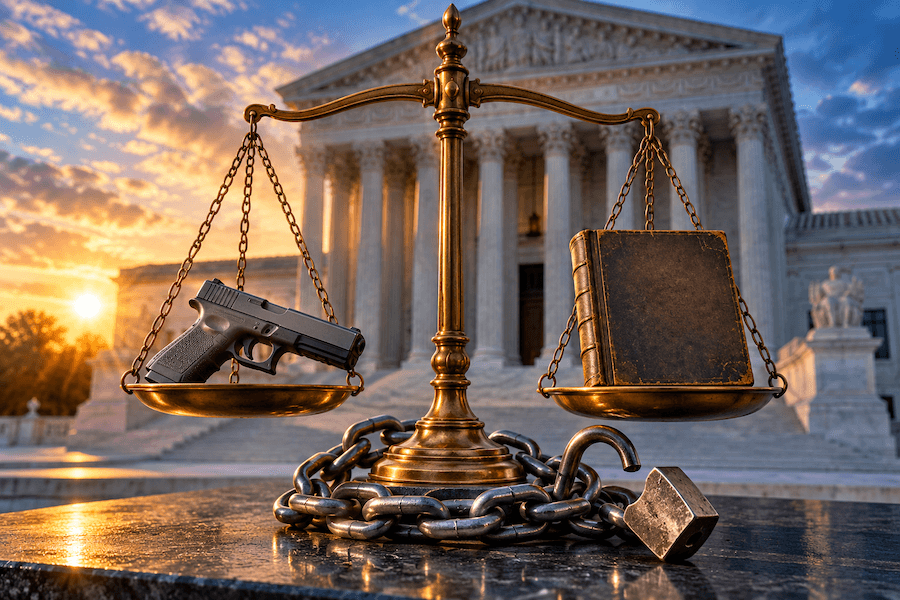 Scales holding a handgun and law book outside the Supreme Court with a broken chain and open padlock.